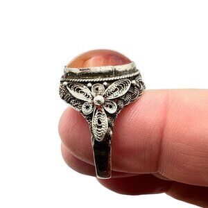Vintage Chinese Export Carnelian Sterling Silver Filigree Adjust Ring Set at 7